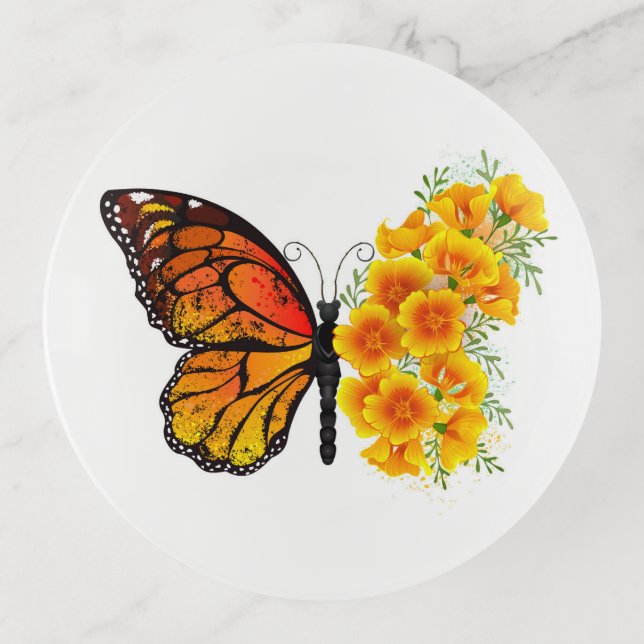 Flower Butterfly with Yellow California Poppy Trinket Tray (Front)