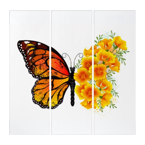 Flower Butterfly with Yellow California Poppy Triptych