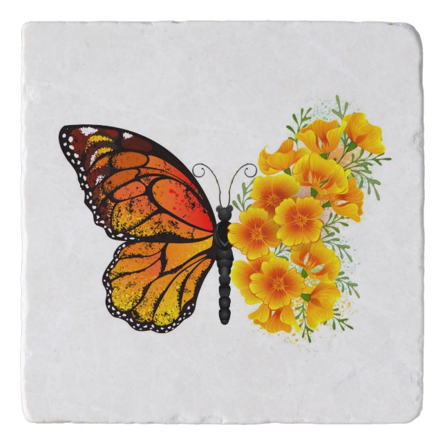 Flower Butterfly with Yellow California Poppy Trivet (Front)