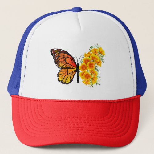 Flower Butterfly with Yellow California Poppy Trucker Hat