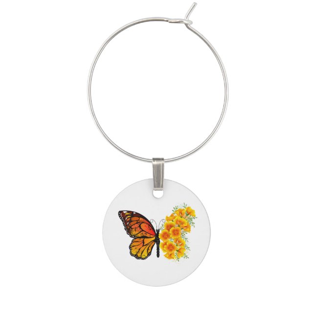 Flower Butterfly with Yellow California Poppy Wine Charm (Front)
