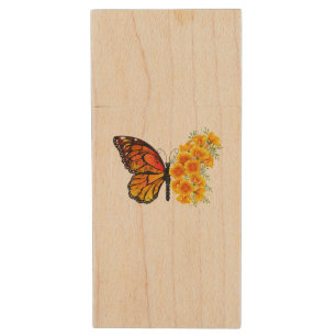 Flower Butterfly with Yellow California Poppy Wood Flash Drive