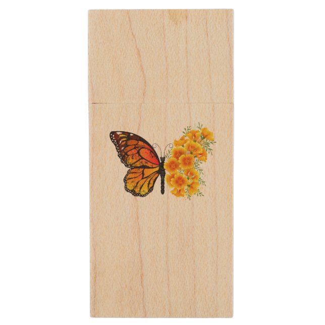 Flower Butterfly with Yellow California Poppy Wood Flash Drive (Front Vertical)