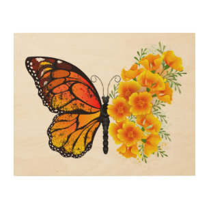 Flower Butterfly with Yellow California Poppy Wood Wall Art