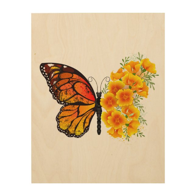Flower Butterfly with Yellow California Poppy Wood Wall Art (Front)