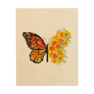 Flower Butterfly with Yellow California Poppy Wood Wall Art