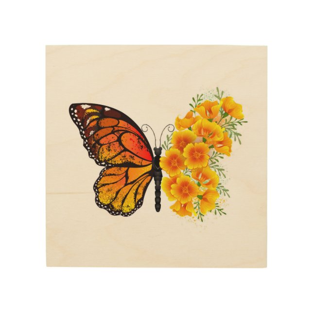 Flower Butterfly with Yellow California Poppy Wood Wall Art (Front)