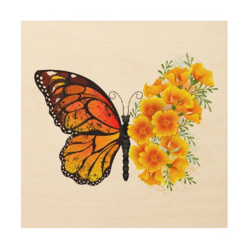 Flower Butterfly with Yellow California Poppy Wood Wall Art