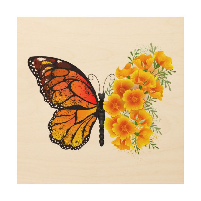 Flower Butterfly with Yellow California Poppy Wood Wall Art (Front)