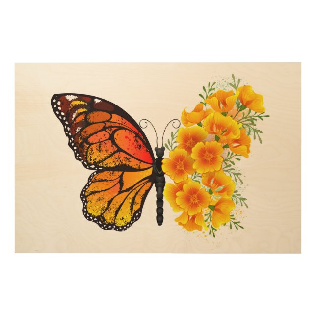 Flower Butterfly with Yellow California Poppy Wood Wall Art (Front)
