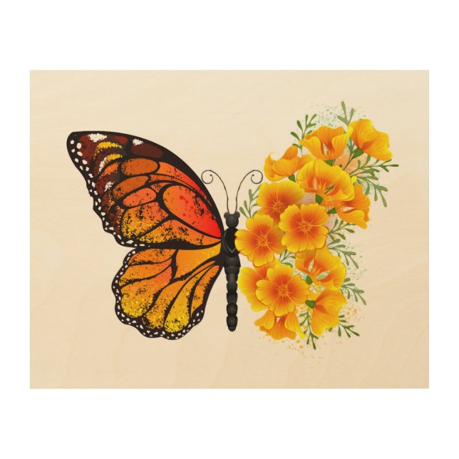 Flower Butterfly with Yellow California Poppy Wood Wall Art (Front)