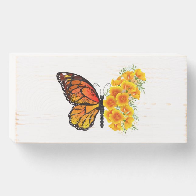 Flower Butterfly with Yellow California Poppy Wooden Box Sign (Front Horizontal)