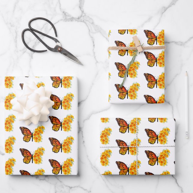 Flower Butterfly with Yellow California Poppy Wrapping Paper Sheets (Front)