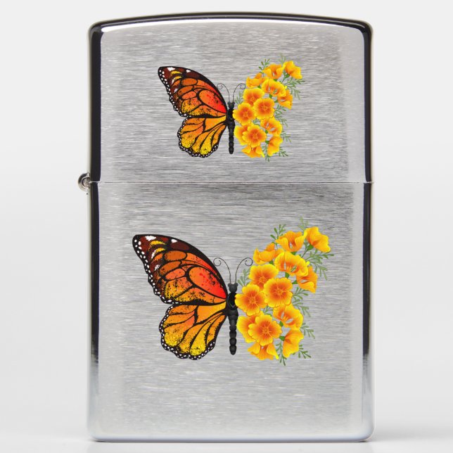 Flower Butterfly with Yellow California Poppy Zippo Lighter (Front)