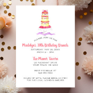 Flower Cake Pink Stripe Party Invitation