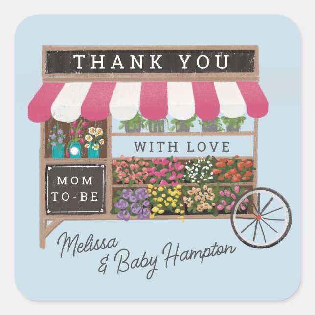 Flower Cart Farmers Market Pink Baby Shower Favor Square Sticker (Front)