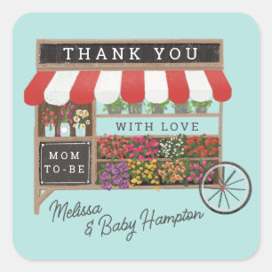 Flower Cart Farmers Market Red Baby Shower Favor Square Sticker