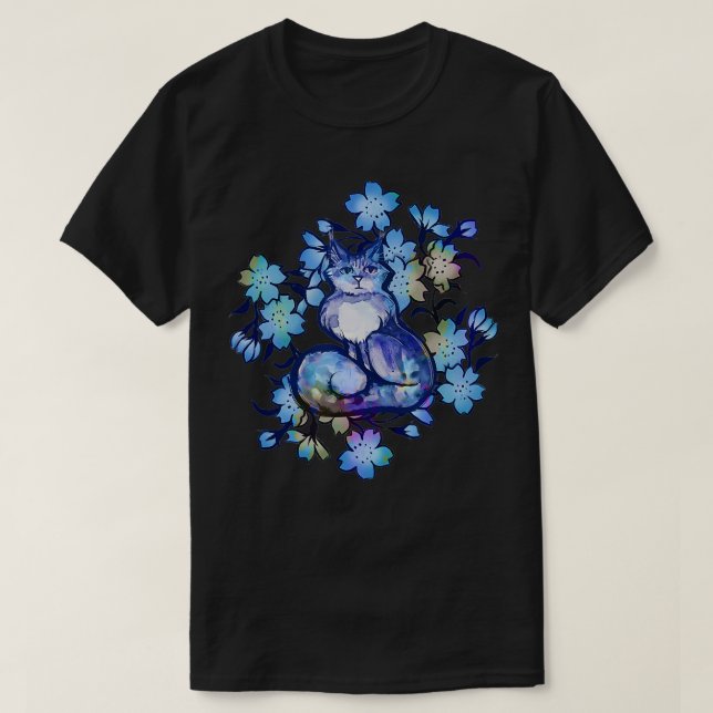 Flower Cat Art Cute blue kitties  T-Shirt (Design Front)