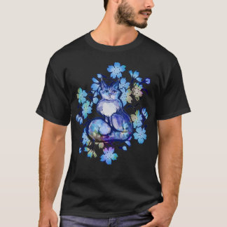 Flower Cat Art Cute blue kitties  T-Shirt