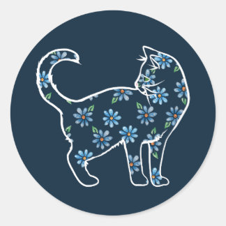 Flower Cat Blue Daisy Cats Classic Round Sticker