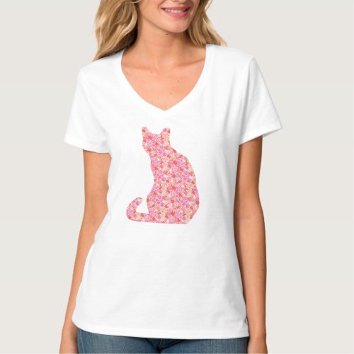 Flower Cat _ coral orange and pink T_Shirt