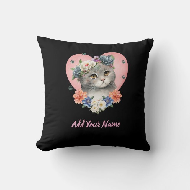 Flower Cat Tshirt Throw Pillow (Front)