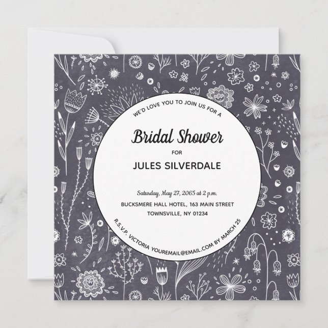 Flower Chalkboard Monochrome Modern Bridal Shower Invitation (Front)