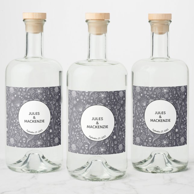 Flower Chalkboard Monochrome Modern Liquor Bottle Label (Bottles)