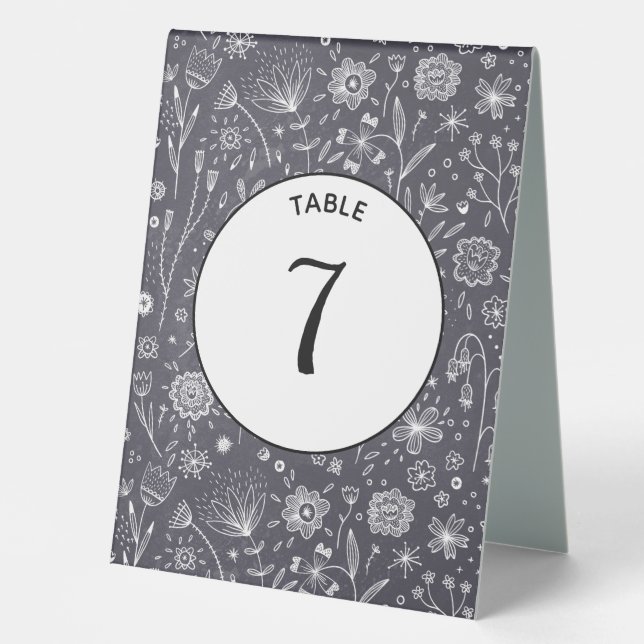 Flower Chalkboard Monochrome Modern Table Tent (Front)