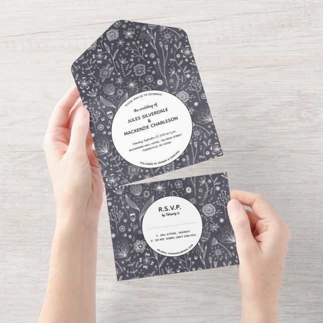 Flower Chalkboard Monochrome Modern Wedding All In One Invitation (Tearaway)