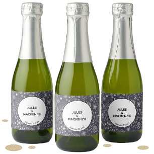 Flower Chalkboard Monochrome Modern Wedding Sparkling Wine Label