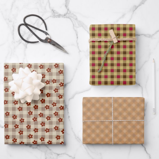 Flower & Check (Brown) + Gingham Check Wrapping Paper Sheets (Front)