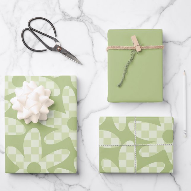 Flower Check Sage Green Retro Modern Pattern Wrapping Paper Sheets (Front)