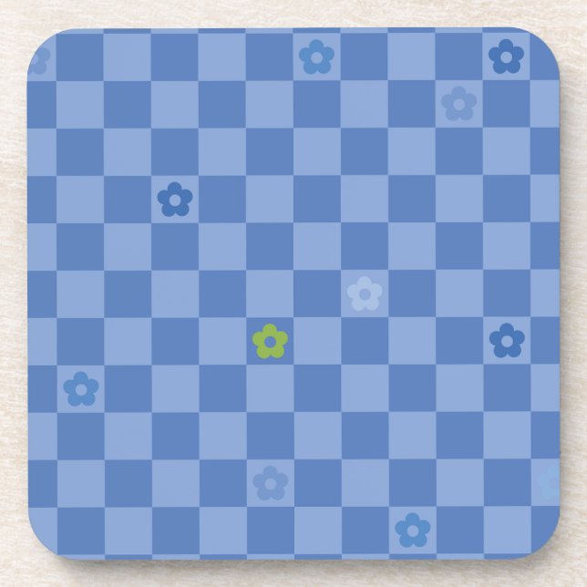 Flower Checkered Pattern No. 01 - Light Blue Beverage Coaster (Front)