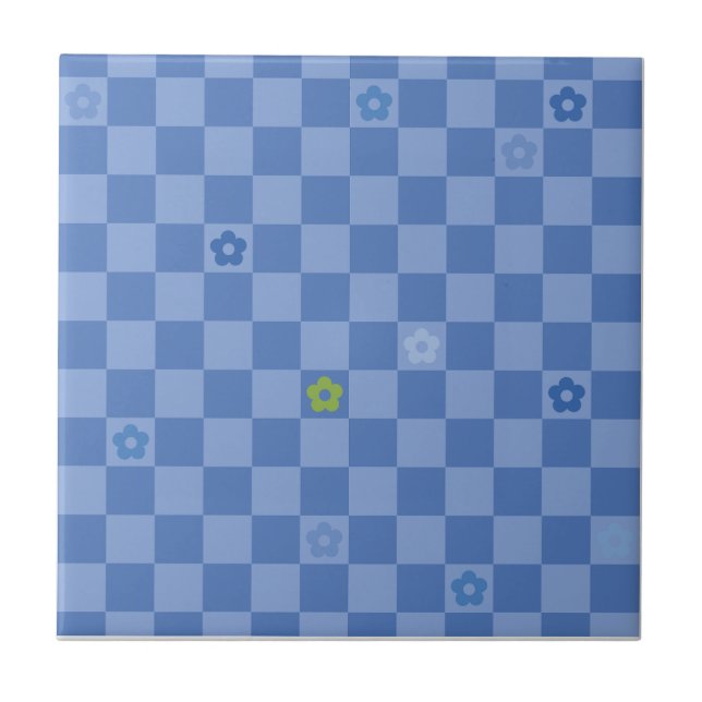 Flower Checkered Pattern No. 01 - Light Blue Ceramic Tile (Front)