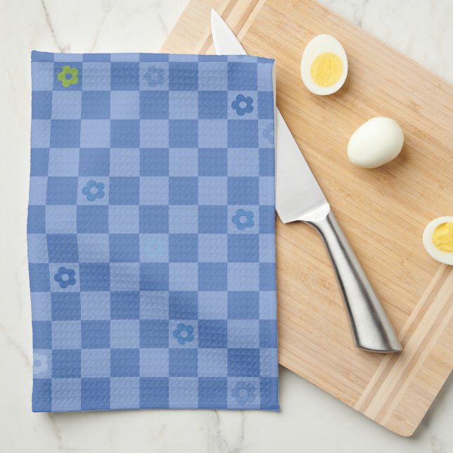 Flower Checkered Pattern No. 01 - Light Blue Kitchen Towel (Quarter Fold)