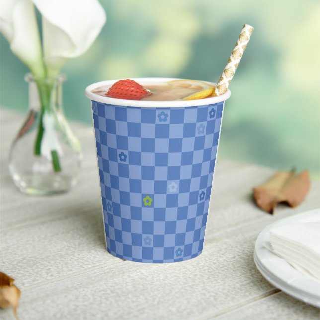 Flower Checkered Pattern No. 01 - Light Blue Paper Cups (Insitu)