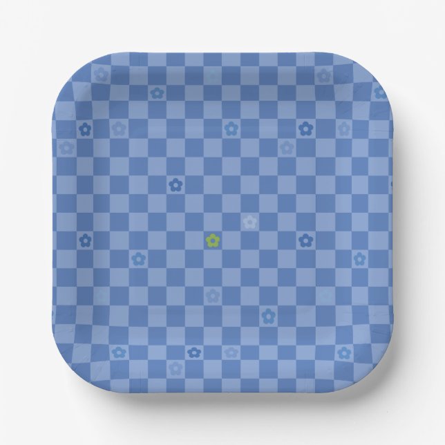 Flower Checkered Pattern No. 01 - Light Blue Paper Plates (Front)