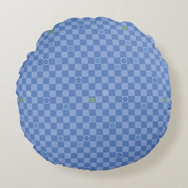 Flower Checkered Pattern No. 01 - Light Blue Round Pillow (Front)