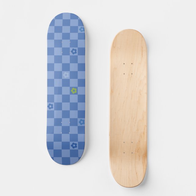 Flower Checkered Pattern No. 01 - Light Blue Skateboard (Front)