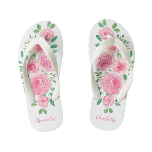 Flower Child Pink Roses Girls Name Girls Kids Flip Flops