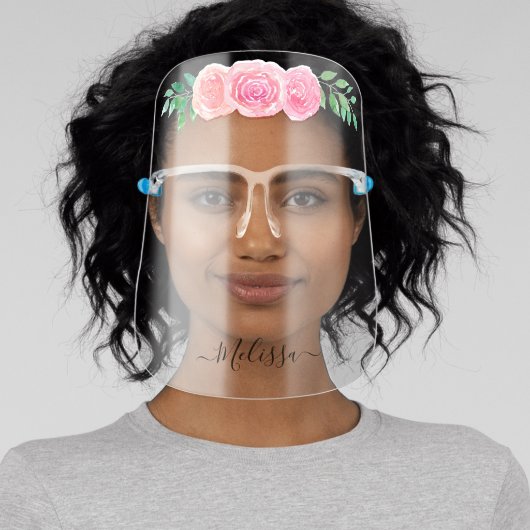 Flower Child Pink Watercolor Rose Crown Face Shield (Insitu)