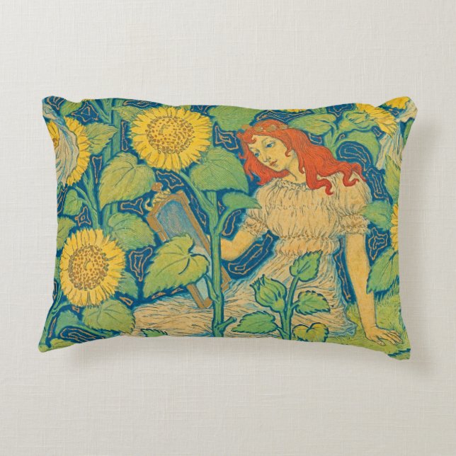 Flower Child Woman in Sunflower Garden Accent Pillow (Back)