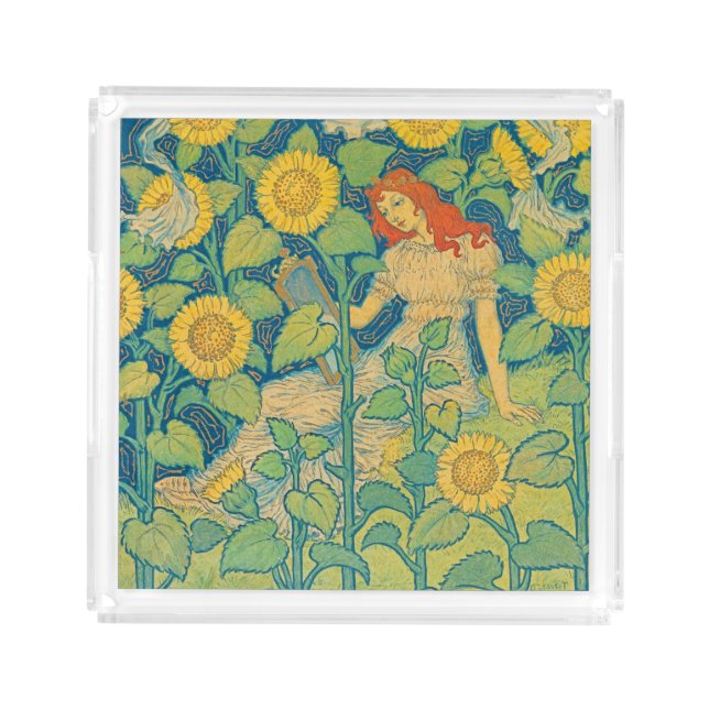 Flower Child Woman in Sunflower Garden Acrylic Tray (Front)