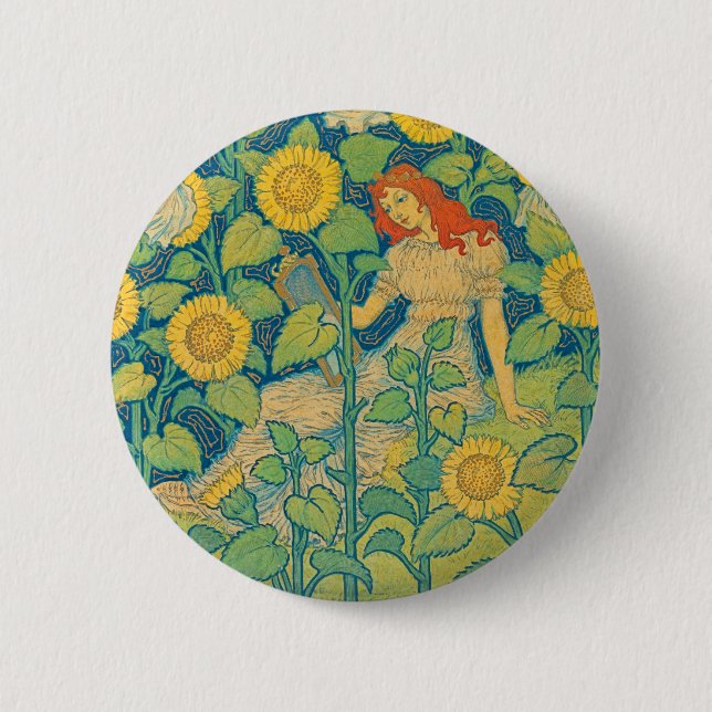 Flower Child Woman in Sunflower Garden Button (Front)