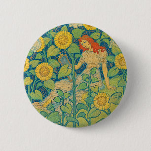 Flower Child Woman in Sunflower Garden Button