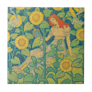 Flower Child Woman in Sunflower Garden Ceramic Tile