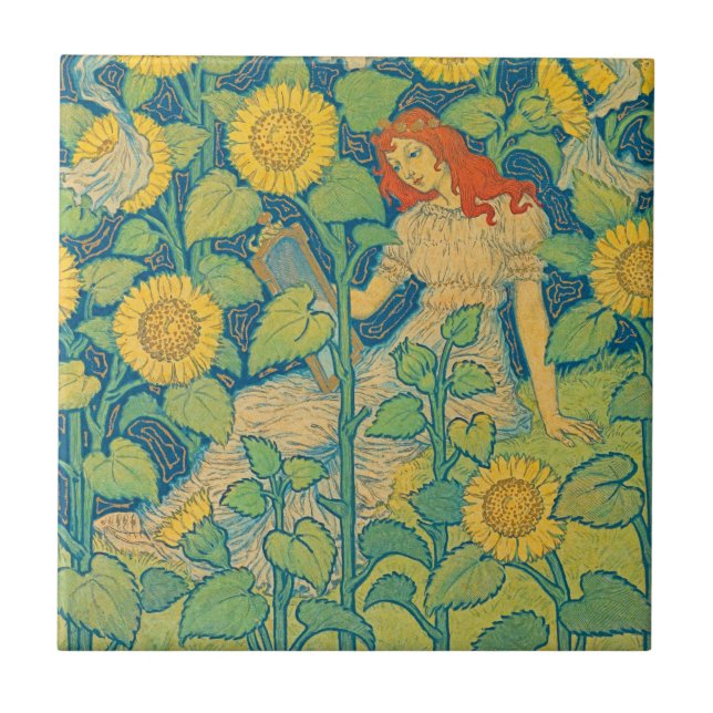Flower Child Woman in Sunflower Garden Ceramic Tile (Front)