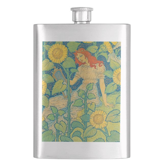 Flower Child Woman in Sunflower Garden Flask (Front)