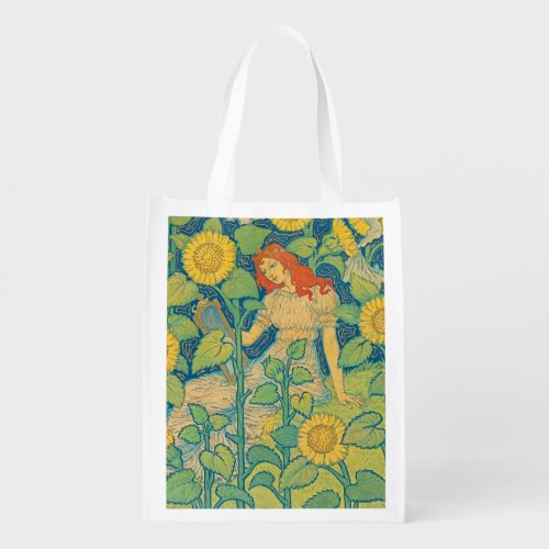 Flower Child Woman in Sunflower Garden Grocery Bag